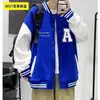 Jaqueta baseball masculina de primavera e outono, casaco de cor bloco de corte solto, jaqueta casual da moda para estudantes e casais