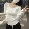 Camiseta de Manga Longa com Costura de Renda Estilo Coreano Primavera Puro Desejo Camiseta Básica Slim Fit Top Branco para Mulheres