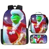 Monstruo de Pelo Verde Grinch Transfronterizo Nueva Mochila Escolar Mochila de Dibujos Animados Set de Tres Piezas Bolso Estuche para Lápices