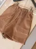 Shorts de lino de cintura alta con cordón, textura casual relajada, versátiles, súper alargan las piernas, favorecedores para figura de pera, marrón caqui