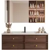 Nuevo mueble de baño de estilo minimalista con lavabo integrado de cerámica, armario espejo multifuncional de almacenamiento y combinación de madera maciza
