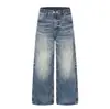 Jeans retro americanos azul oscuro de 11 oz para hombres y mujeres, holgados y versátiles, con efecto desgastado y patrón de bambú, pantalones casuales rectos de pierna ancha