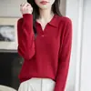 Top de punto fino para mujer con solapa, delicado y suave, corte ajustado, manga larga, elegante capa base de lana para el trabajo