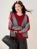 Foto Real 2025 Estilo Preppy Retrô Tricô Acolchoado com Gola V Feminino Outono e Inverno Nicho Único Chique Top Tricô