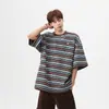 Camisa de Marinheiro Pesada Estilo Americano Manga Curta Masculina Verão Nova Tendência Solta Casual Color Block Listrada Manga Três Quartos Top Versátil
