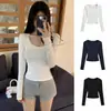 Camiseta Wubi Crab de Seda Gelada com Costelas Cor Sólida Gola Quadrada Manga Longa, Nova Camada Interna de Outono Feminina, Top Justo