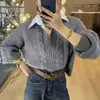Suéter Tejido de Punto Trenzado Estilo Coreano Falso Dos Piezas para Mujer, Nuevo Diseño de Otoño, Jersey Polo, Corte Holgado, Adelgazante, Adecuado como Ropa Exterior