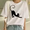 Camiseta informal de verano con estampado de gato, personalizada, cuello redondo, manga corta, blanca, cuello redondo