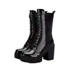 Botas de Moda de Charol con Tacón Alto para Mujer con Cordones 2026 Otoño Cremallera Lateral Botines Plataforma Tacón Grueso Invierno Botas de Media Caña Más Terciopelo