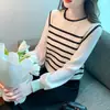 Suéter de tricô falso duas peças estilo francês para mulheres, novo modelo outono 2026, suéter pullover listrado retrô de manga longa, top versátil