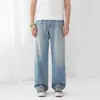 Calça Jeans Masculina Fengshe / clanfit Corte Reto Fina de Liocel para Primavera-Verão na Cor Azul Gelo Leitoso com Efeito Olho de Gato
