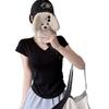 Camiseta pura y seductora de manga corta con cuello en V para mujer con copas, adecuada para el verano, se puede usar como capa interior o exterior, entallada a la cintura, adelgazante, top versátil