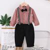 Roupas infantis meninos outono terno casual bebê primavera e outono roupas xadrez alça manga longa conjunto de duas peças fabricantes atacado