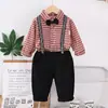 Roupas Infantis Meninos Roupas de Outono Conjunto Casual Bebê Roupas de Primavera e Outono Xadrez Suspensórios Manga Longa Conjunto de Duas Peças Fabricante Atacado
