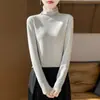 Camisa Básica Feminina Gola Alta Cor Sólida com Forro de Fleece, Outono e Inverno Amiga da Pele Slim Fit Quente Tricô de Manga Longa