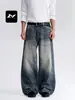 Jeans Casual Longo Masculino e Feminino Retro Desgastado Lavado Solto de Perna Larga Reta com Ricos Bigodes de Gato Estilo Americano Azul Profundo