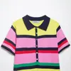 Atacado Fabricante de Roupas Femininas Transfronteiriço 2026 Moda Europeia e Americana Blusa de Tricô Listrada Manga Curta Gola Polo Color-Blocking