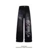 Calça Jeans Flare Estampada com Letras Azul Vintage para Homens, Estilo High Street Americano para Primavera e Outono, Calça de Perna Larga Slim Fit Reta, Preto