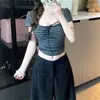 Camiseta de Tirantes de Manga Corta con Rayas Estilo Coreano para Mujer, Verano, Ajustada, Corta