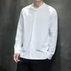 Nueva Camisa de Lino de Algodón Chino Estilo Zen Botón de Rana Manga Larga Temporada de Primavera y Otoño Estilo Nacional Ropa para Hombre Color Sólido Cuello en V Casual Retro