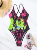 Traje de banho 2024 Europeu e Americano sexy sem costas corte alto placa fixa estampa peça única modelador de corpo férias fonte termal traje de banho feminino peça única