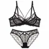 Conjunto de Lencería Sexy de Encaje Rosa para Mujer Talla Grande Pura Pasión Sujetador Transparente Mostrando Senos Grandes Sujetador Pequeño Push-Up Ultra Delgado