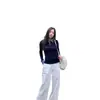 Camiseta de Manga Larga a Cuadros Retro Estilo Chica Caliente Americana Falsa de Dos Piezas Hombro Derecho Camisa Base para Mujer Ajustada Cuello Polo