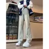 Calça jeans masculina com gradiente preto e cinza, calça estilo high street americana, cintura alta, corte reto, estilo workwear, corte slim, levemente flare