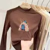 Camiseta casual de manga comprida infantil, novo estilo 2026, camada interna quentinha para meninas, top com gola alta e meio zíper em fleece dupla face