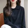 Top versátil de punto 100% algodón, nuevo estilo primavera y otoño, cuello polo, manga larga, color liso, corte holgado, camiseta interior adelgazante para mujer