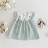 Macacão xadrez de bebê selecionado com cuidado, nova roupa infantil, vestido de bebê de verão, macacão fino com mangas tipo asa, bordado de coelhinho