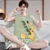 Pijama de Modal para Hombre Verano Chaleco sin Mangas Pantalones Cortos Traje Adolescentes Verano Estudiantes Dibujos Animados Ropa de Casa Delgado