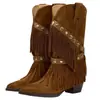 Botas western cowboy Melard retrô com franjas para mulheres, bico fino, salto grosso, botas da moda, uso bidirecional destacável, botas de rebite de cano médio