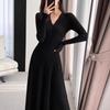 Vestido Tejido de Color Sólido Estilo Francés, Vestido Básico de Manga Larga con Cuello en V para Otoño e Invierno, Elegante Vestido Suéter Ajustado con Cintura Marcada, a la Moda