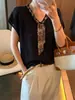 Top de verano para mujer, nuevo, a la moda, elegante, con bufanda de seda y mangas acampanadas, camiseta de punto de seda helada