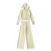 Jaqueta Suéter com Capuz Curta de Seda de Gelo com Ajuste na Cintura Cardigã Slim Fit + Calça Reta de Cintura Alta com Cordão Conjunto Esportivo para Mulheres