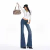 2026 pantalones acampanados de cintura media-alta estilo retro americano transfronterizos, corte ajustado, pantalones vaqueros elásticos de otoño e invierno para mujer en azul, de nueve décimas partes