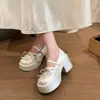 Sapatos Mary Jane doces estilo francês com laço e salto grosso para mulheres, novidade outono 2026 estilo faculdade sapatos baixos de sola grossa
