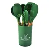 Conjunto de 12 peças de utensílios de cozinha de silicone com cabo de madeira Amazon, espátula verde, colher e espátula para panela conjunto de ferramentas de cozinha com balde de armazenamento