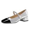 Sapatos Mary Jane Femininos, Sapatos Únicos Prateados, Novo Estilo Primavera 2026, Salto Bloco, Sapatos Pequenos de Couro, Estilo Francês, Bico Quadrado Baixo, Adequados para Combinar com Vestidos