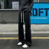 Calça moletom casual de cordão, perna reta, estilo high-street, para homens, calça americana desconstruída com drapeado, plus size, corte solto, levemente flare