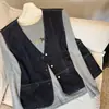 Chaleco de Mezclilla Estilo Coreano para Mujer para el Otoño/Viaje Diario, Aspecto en Capas con Corte Relajado, Cuello en V con Costuras Visibles, Estilo Vintage