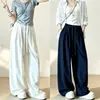 Pantalones casuales de nuevo estilo, holgados, adelgazantes y versátiles, con pierna curva, diseño simple y moderno de cintura alta con cordón, pantalones de pierna ancha de lino sintético