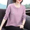 Nova Moda Primavera 2026 Camiseta de Manga Longa para Mães de Meia-Idade e Idosas, Tamanho Grande Solta Bordada Elegante Camiseta Básica Top