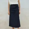 Saia Plissada Azul Escuro de Cintura Alta para Mulheres, Saia Midi Evasê com Caimento Fluido, Adequada para o Trabalho, Emagrecedora e Elegante