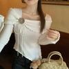 Tejido de Punto Nicho Irregular Elegante Francés para Mujer Otoño e Invierno 2024 Nuevo Cuello Cuadrado Manga Larga Hombro Camisa Top