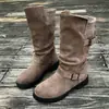 Botas Vaqueras Western Retro Ouxuan para Mujer Nuevas de Gamuza Punta Redonda Tacón Grueso Hebilla Botas Apiladas Botas Marrones Hasta la Rodilla