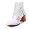 Zapatos de Malla de Primavera con Flores Bordadas Cuero Punta Redonda Tacón Alto Sandalias Gruesas de Malla Encaje Cuero Vacuno Talla Pequeña Zapatos de Mujer