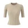 Top de punto ajustado con cuello redondo estilo Lujo Ligero para mujer, Nueva camiseta de manga corta de alta gama negra de Lyocell Tencel para verano