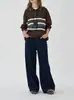Blusa de Tricô Fino com Listras Coloridas e Gola Polo Loose Knit Shengqiao Cafe